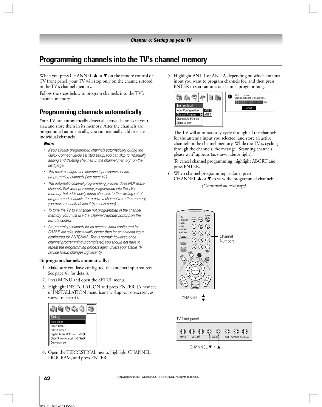 Toshiba 51HX93 owner manual Programming channels into the TV’s channel memory, Programming channels automatically 