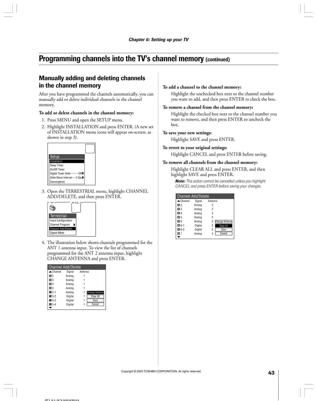 Toshiba 51HX93 owner manual Manually adding and deleting channels in the channel memory 