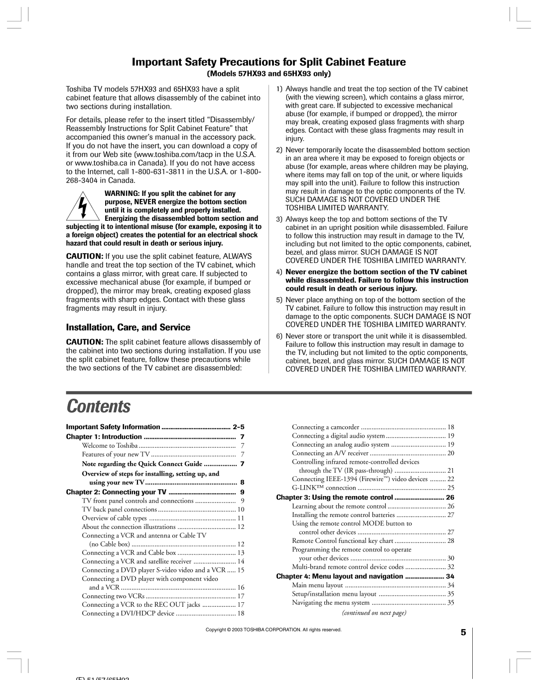 Toshiba 51HX93 owner manual Contents 