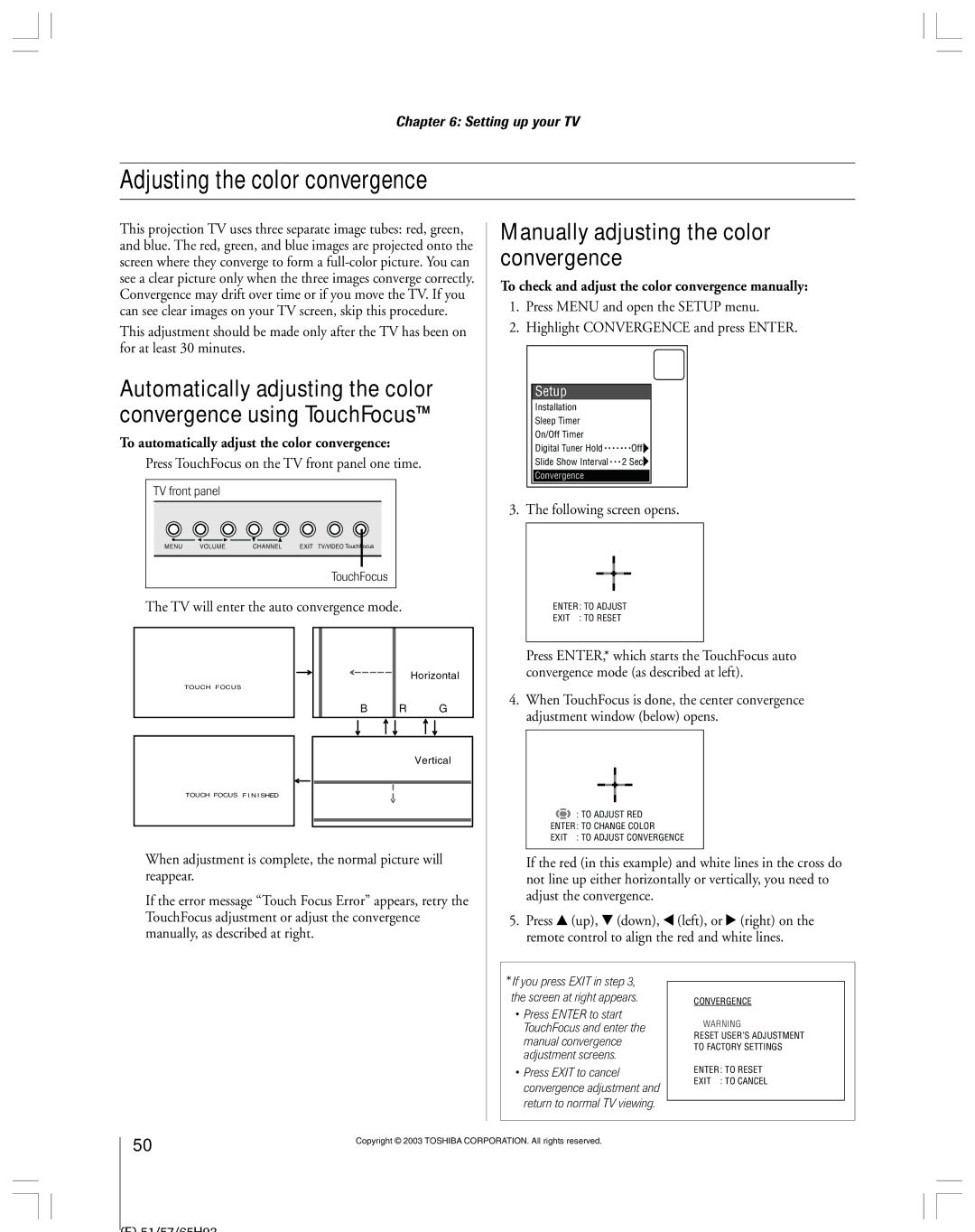 Toshiba 51HX93 owner manual Adjusting the color convergence, Manually adjusting the color, Convergence using TouchFocus 