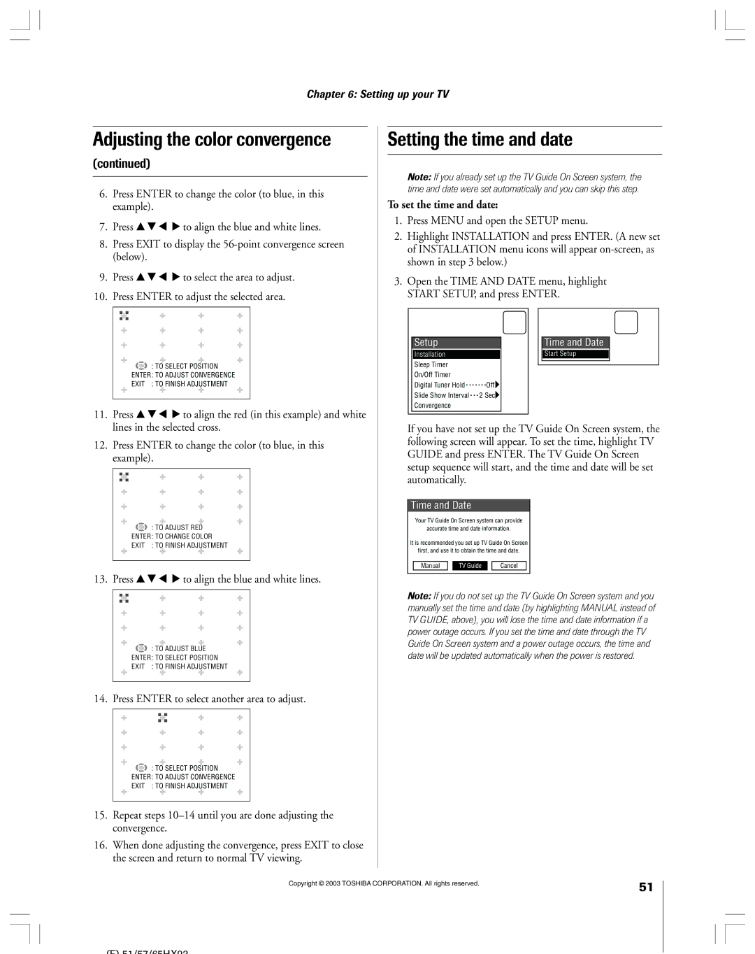 Toshiba 51HX93 owner manual Setting the time and date 