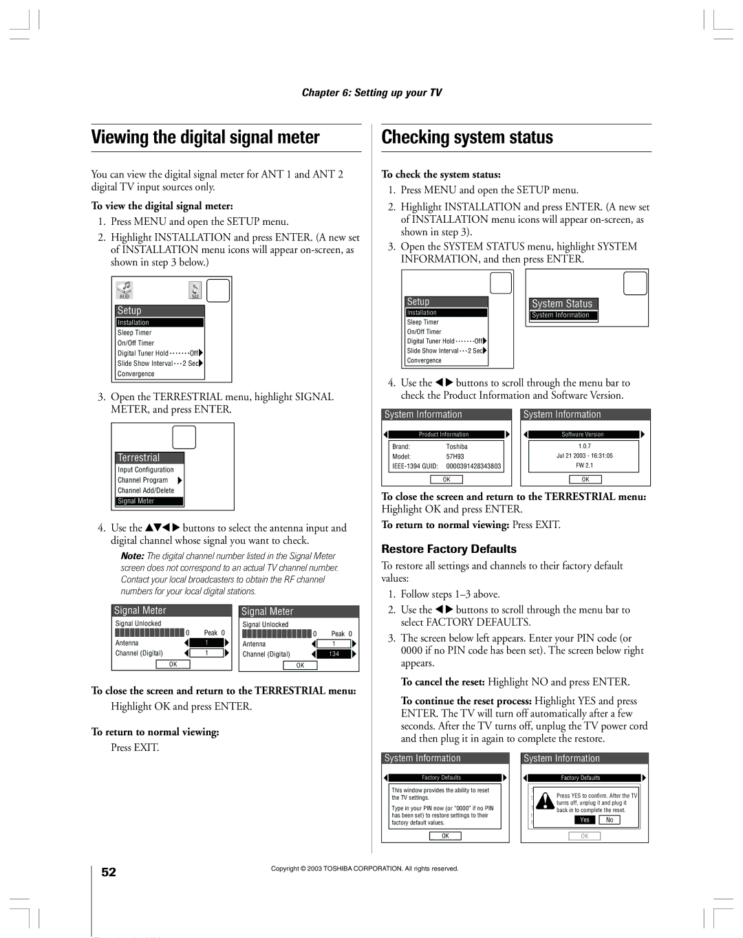 Toshiba 51HX93 owner manual Viewing the digital signal meter, Checking system status, Restore Factory Defaults 