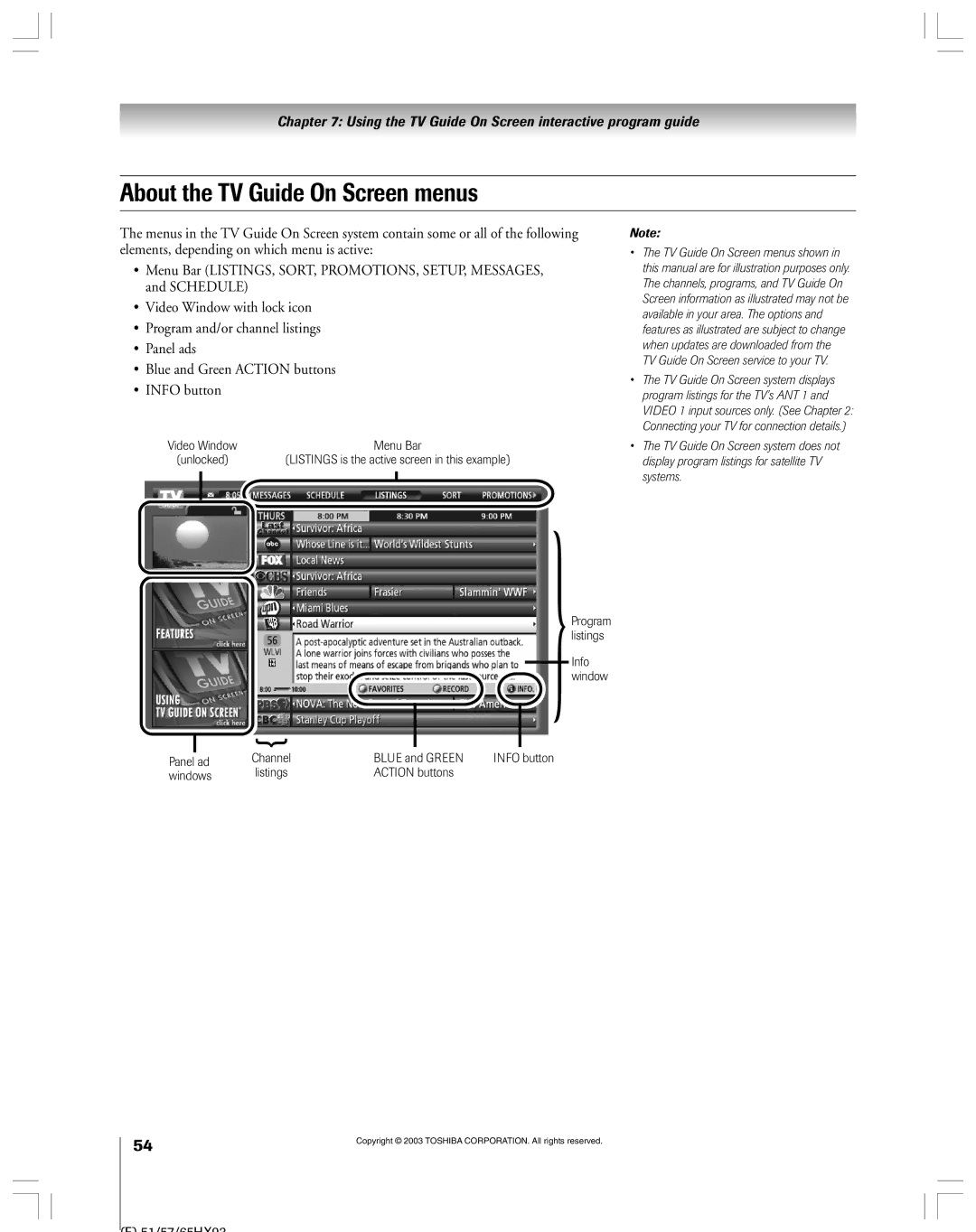 Toshiba 51HX93 owner manual About the TV Guide On Screen menus, Panel ad Channel Blue and Green, Windows, Action buttons 