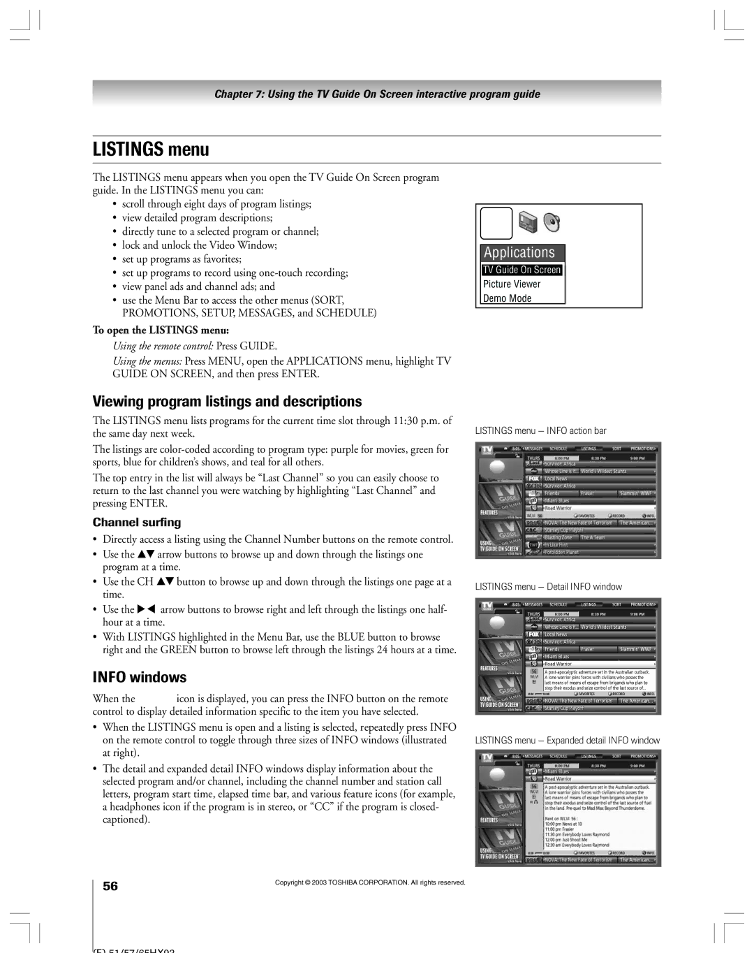 Toshiba 51HX93 owner manual Listings menu, Viewing program listings and descriptions, Info windows, Channel surfing 