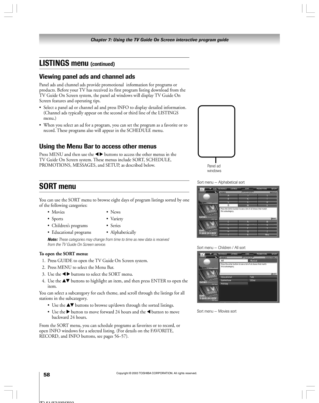 Toshiba 51HX93 owner manual Sort menu, Viewing panel ads and channel ads, Using the Menu Bar to access other menus 