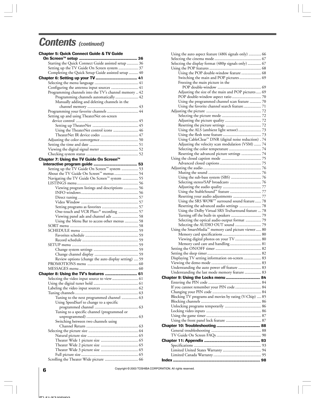 Toshiba 51HX93 owner manual Contents 