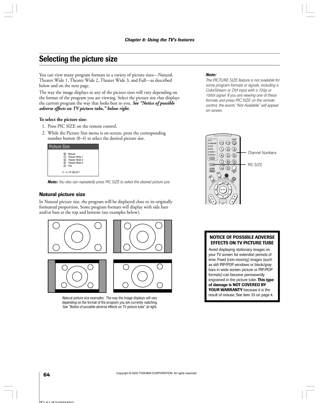 Toshiba 51HX93 owner manual Selecting the picture size, Natural picture size, To select the picture size 