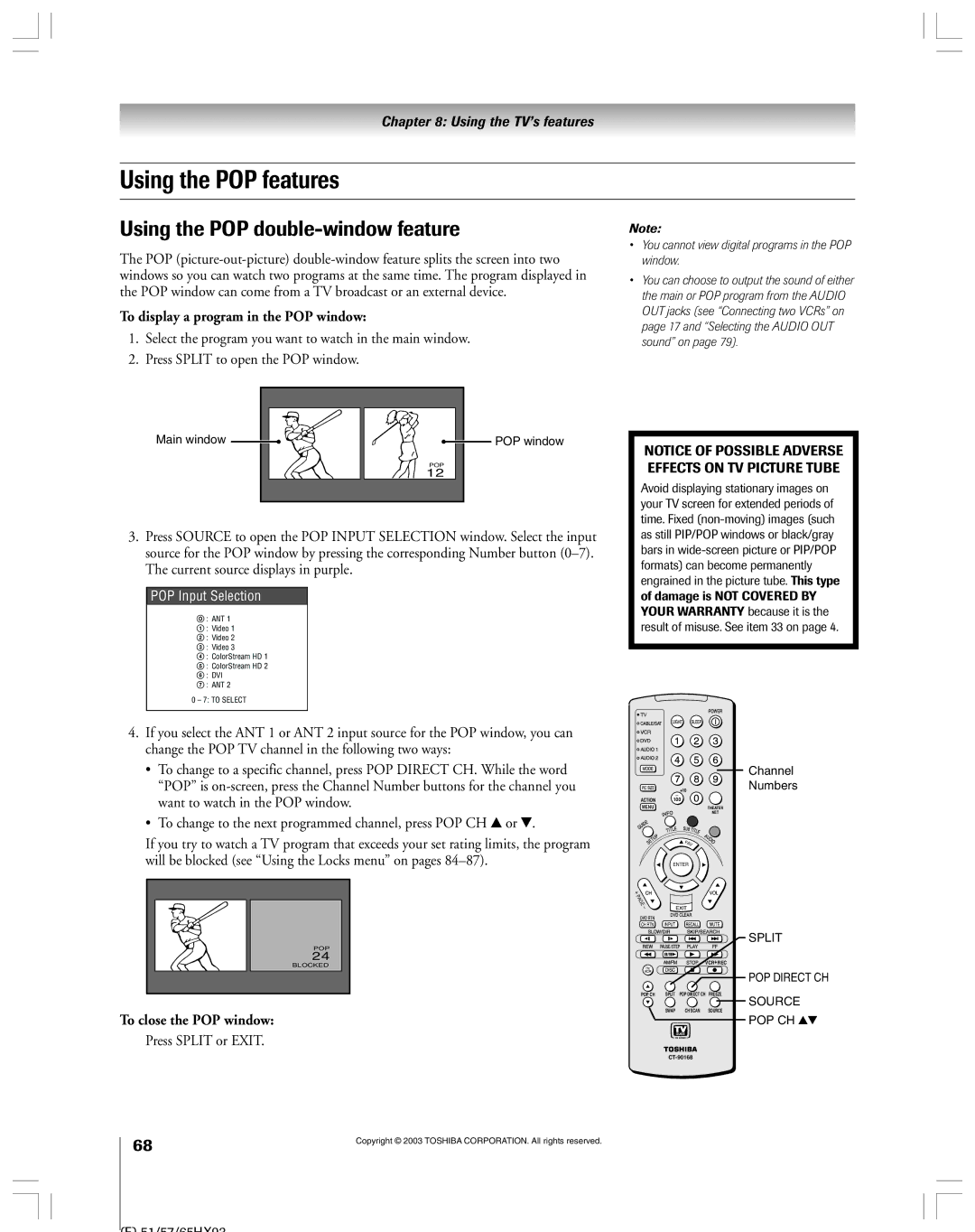 Toshiba 51HX93 Using the POP features, Using the POP double-window feature, To display a program in the POP window 