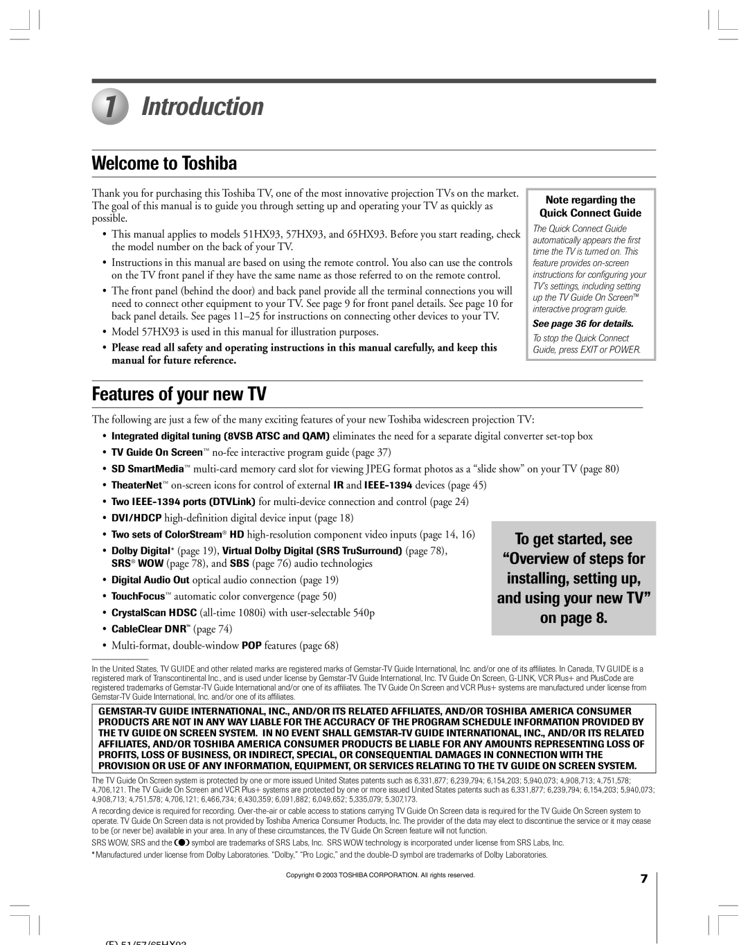 Toshiba 51HX93 owner manual Introduction, Welcome to Toshiba, Features of your new TV 