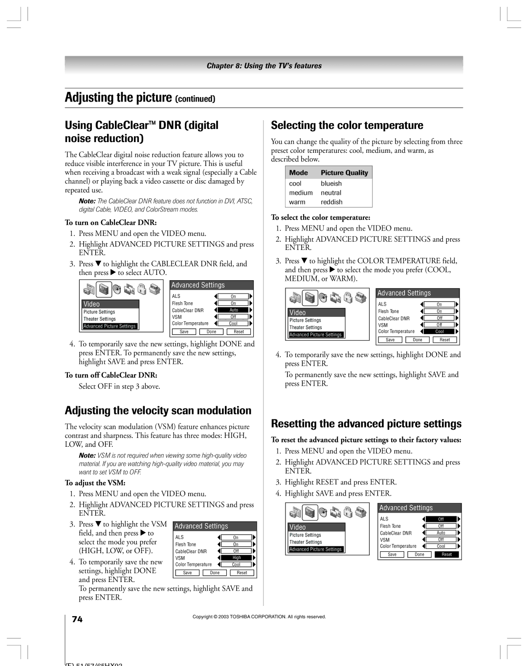 Toshiba 51HX93 owner manual Using CableClear DNR digital noise reduction, Adjusting the velocity scan modulation 