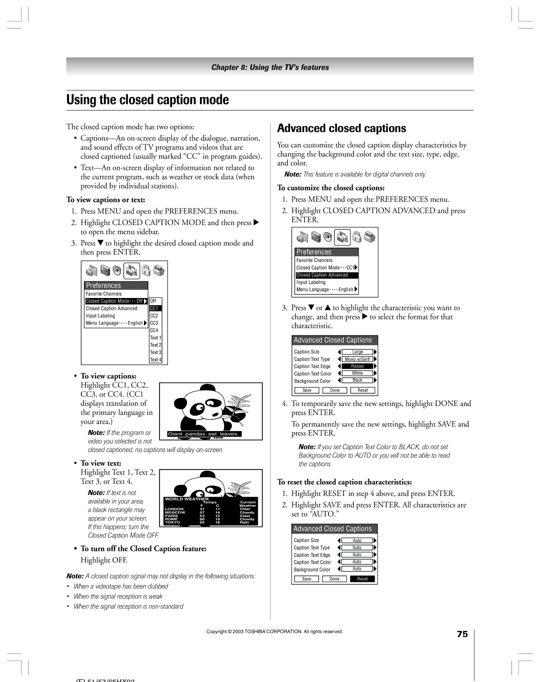 Toshiba 51HX93 owner manual Using the closed caption mode, Advanced closed captions 