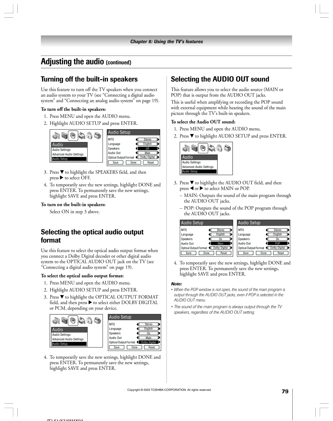 Toshiba 51HX93 Turning off the built-in speakers, Selecting the optical audio output format, Selecting the Audio OUT sound 