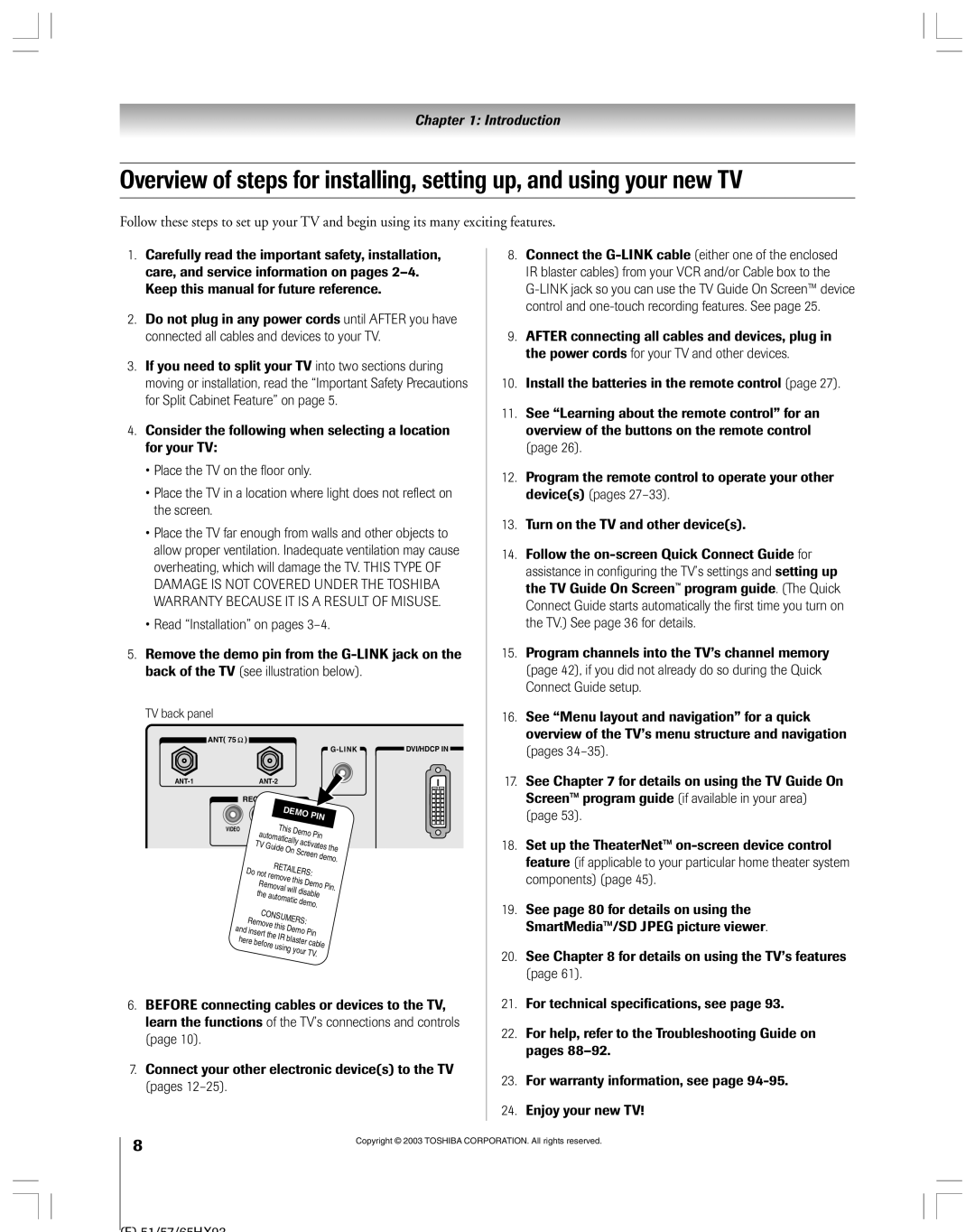 Toshiba 51HX93 owner manual TV back panel, Demo 