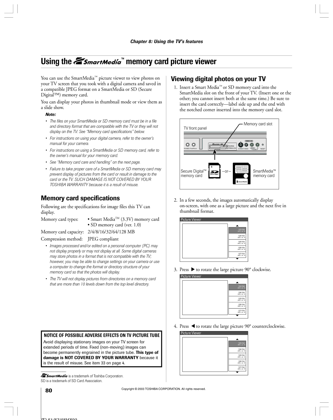 Toshiba 51HX93 owner manual Using Memory card picture viewer, Viewing digital photos on your TV, Memory card specifications 