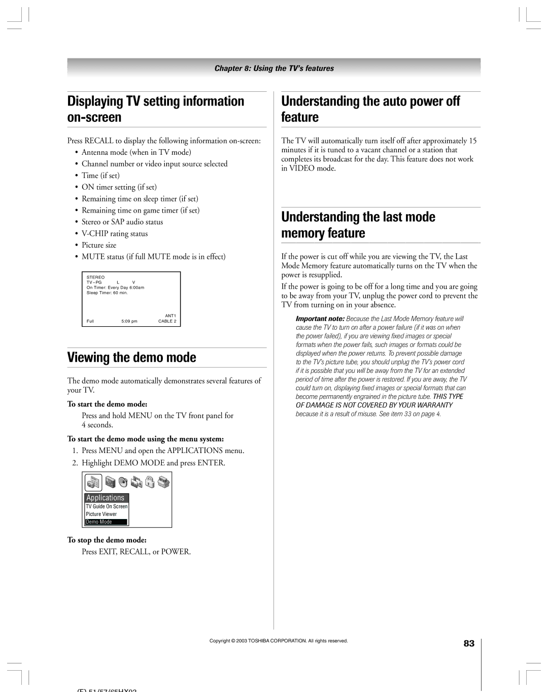 Toshiba 51HX93 owner manual Displaying TV setting information on-screen, Viewing the demo mode 