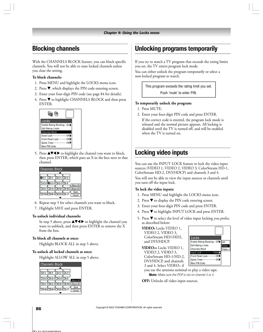 Toshiba 51HX93 owner manual Blocking channels, Unlocking programs temporarily, Locking video inputs 