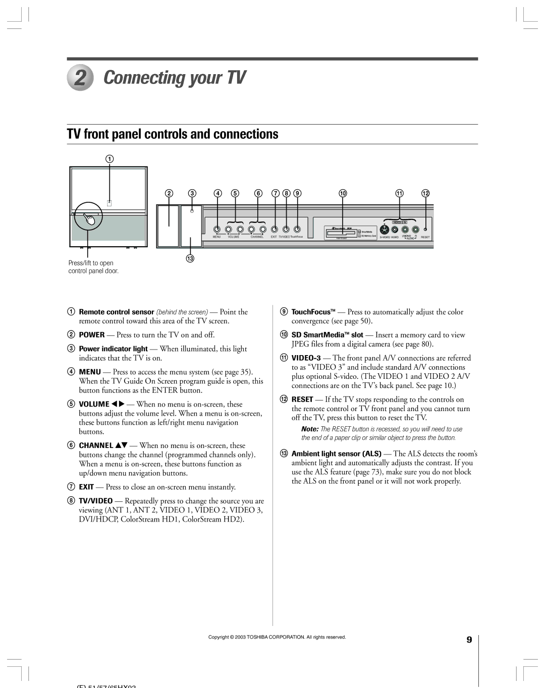 Toshiba 51HX93 owner manual Connecting your TV, TV front panel controls and connections, 4 5 6 7 8 