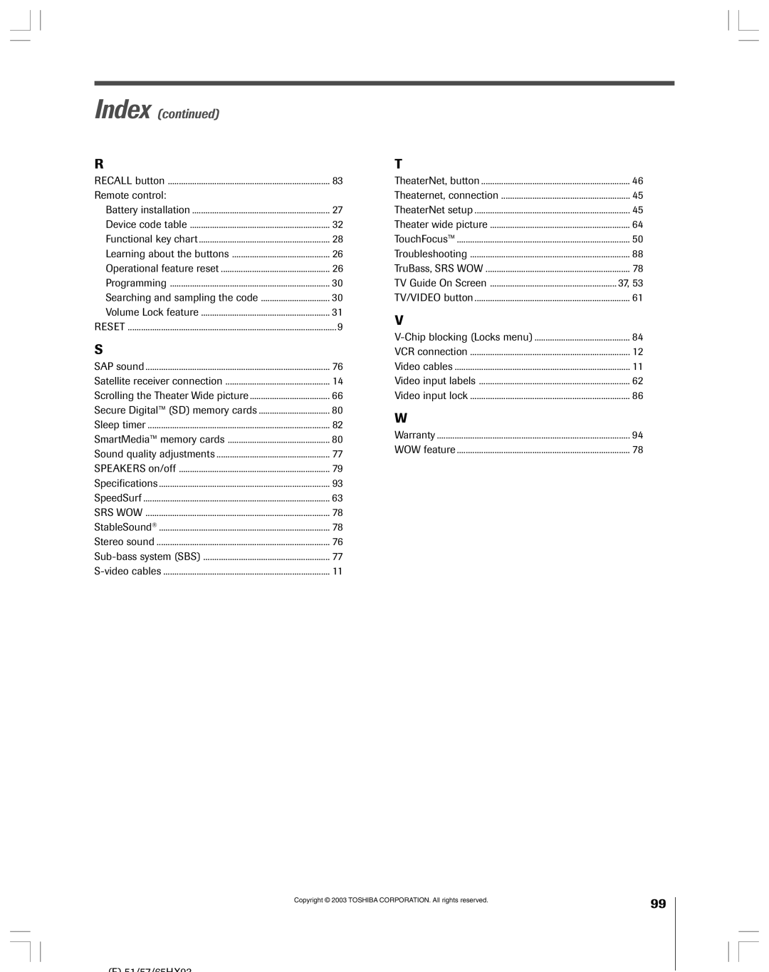 Toshiba 51HX93 owner manual Index, Remote control 