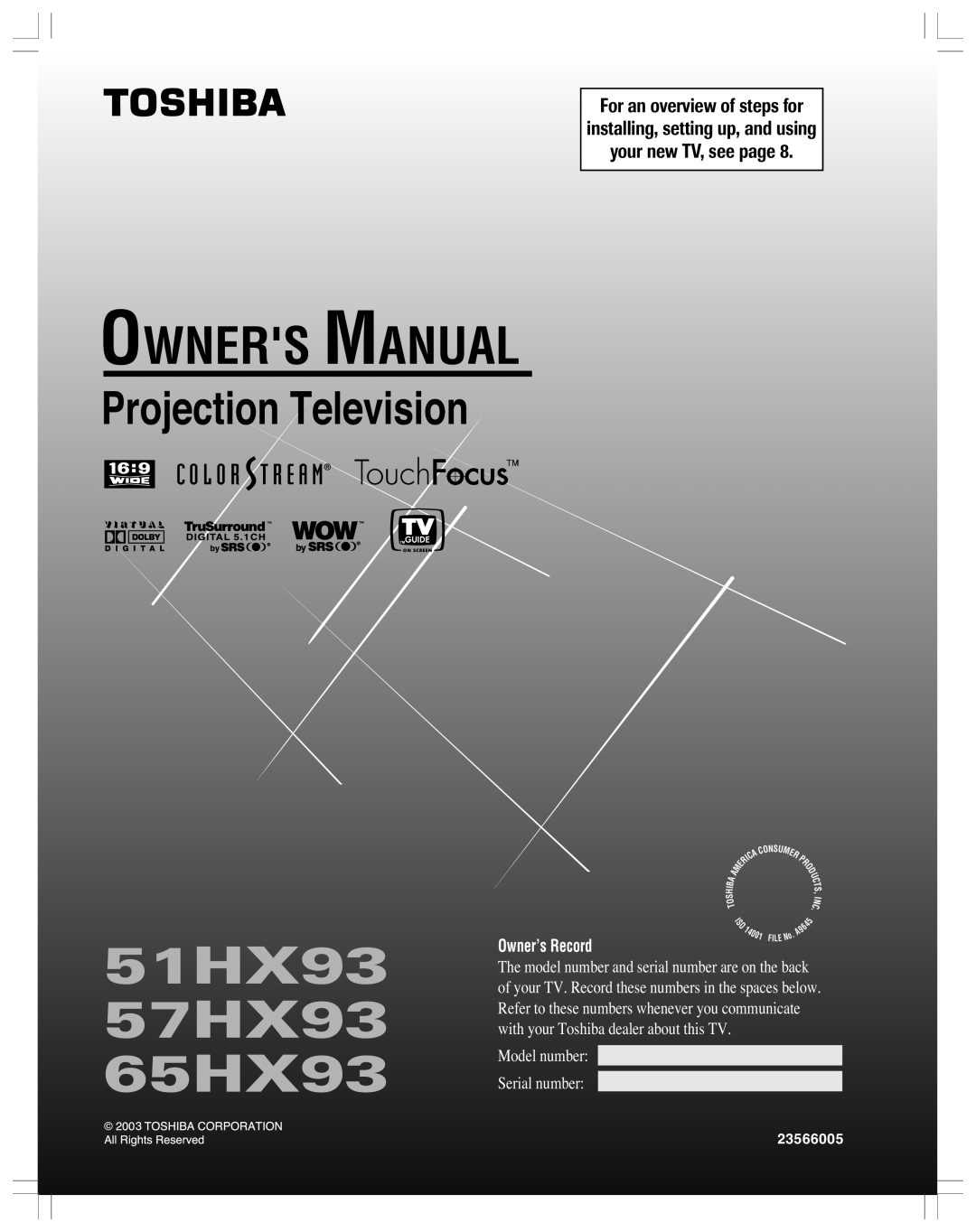 Toshiba 51HX93 owner manual For an overview of steps for installing, setting up, and using, your new TV, see page, Onsu 