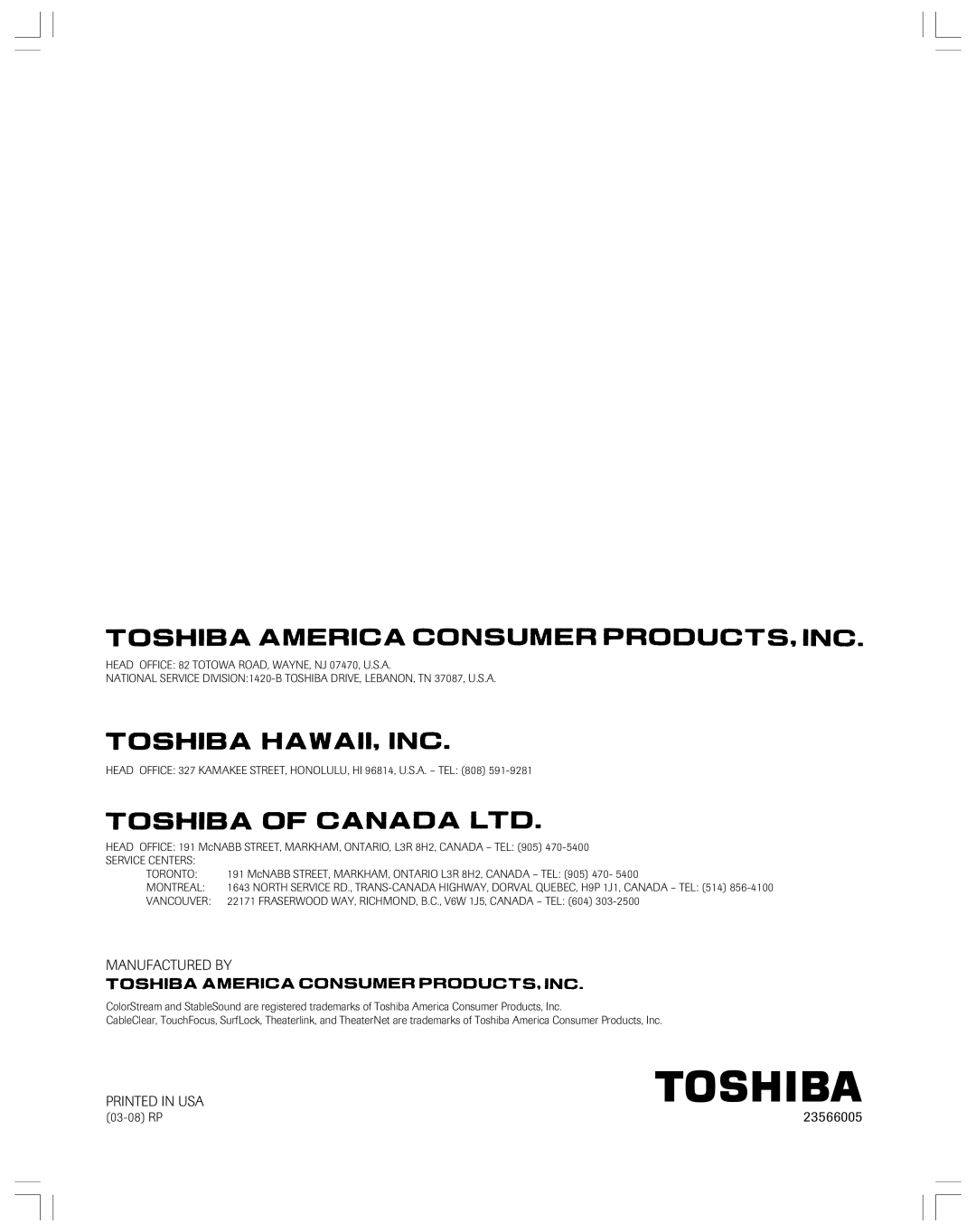 Toshiba 51HX93 owner manual Manufactured By, Printed In Usa, 23566005, 03-08 RP 