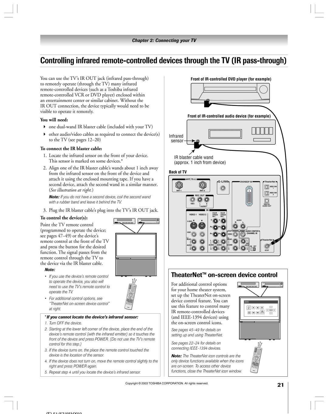 Toshiba 51HX93 TheaterNet on-screen device control, To connect the IR blaster cable, To control the devices, You will need 