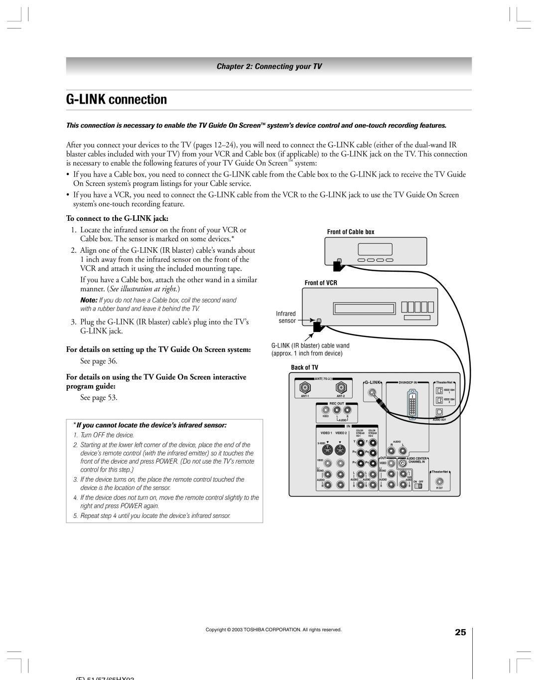 Toshiba 51HX93 owner manual G-LINK connection, To connect to the G-LINK jack 