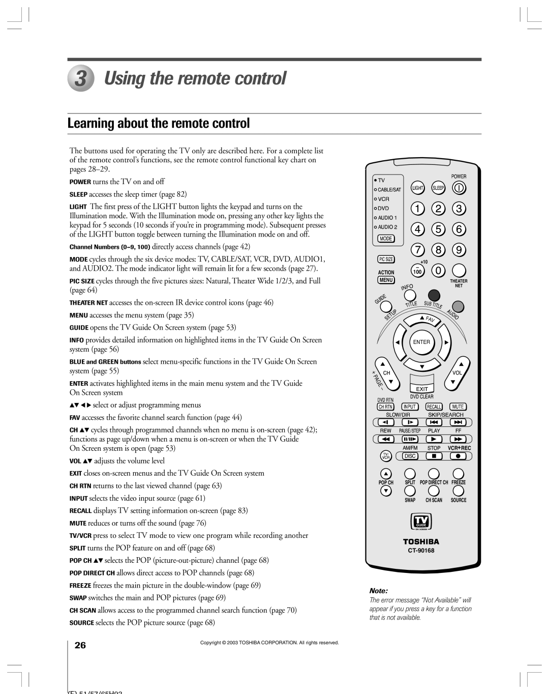 Toshiba 51HX93 owner manual Using the remote control, Learning about the remote control 