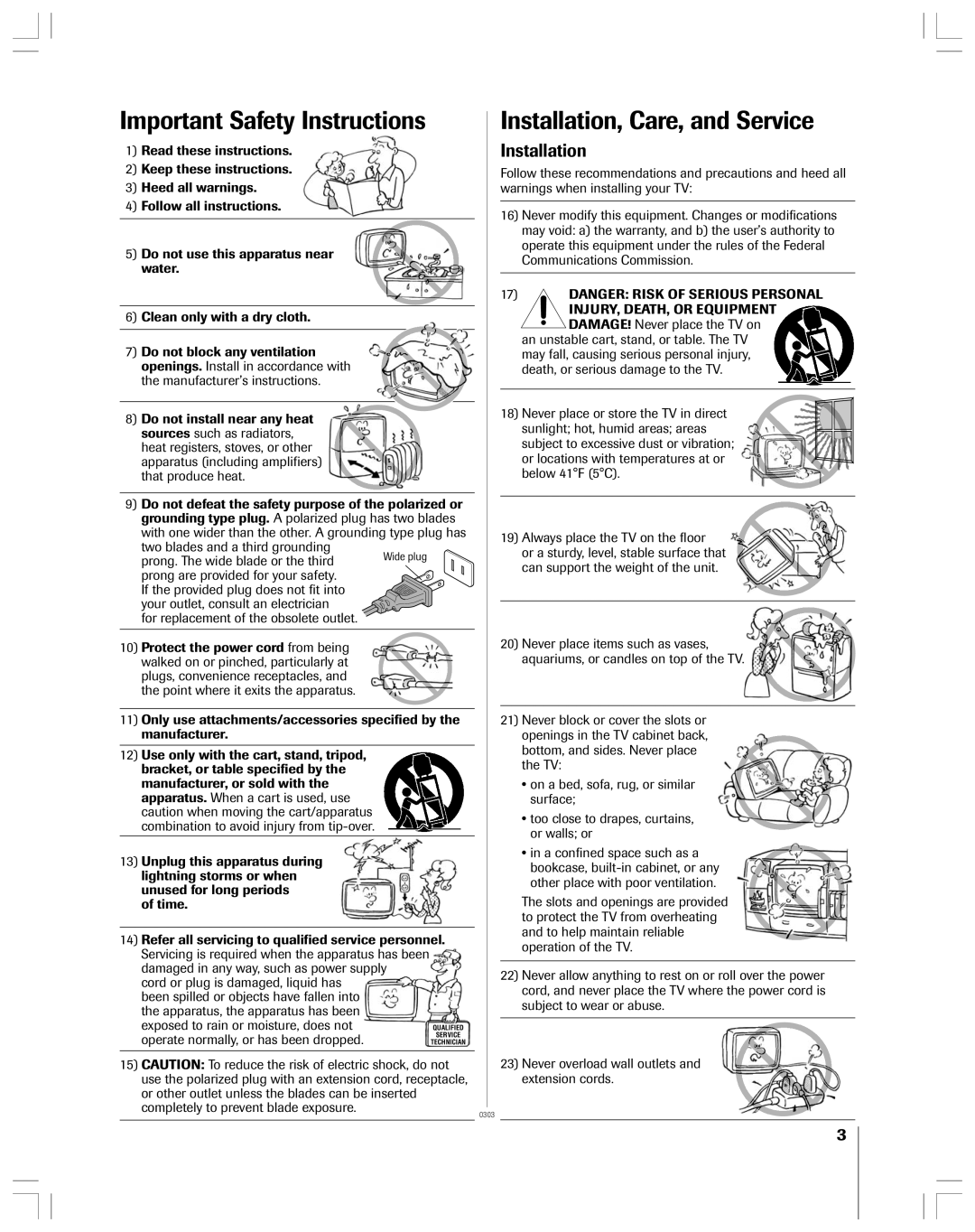 Toshiba 51HX93 Important Safety Instructions, Installation, Care, and Service, exposed to rain or moisture, does not 