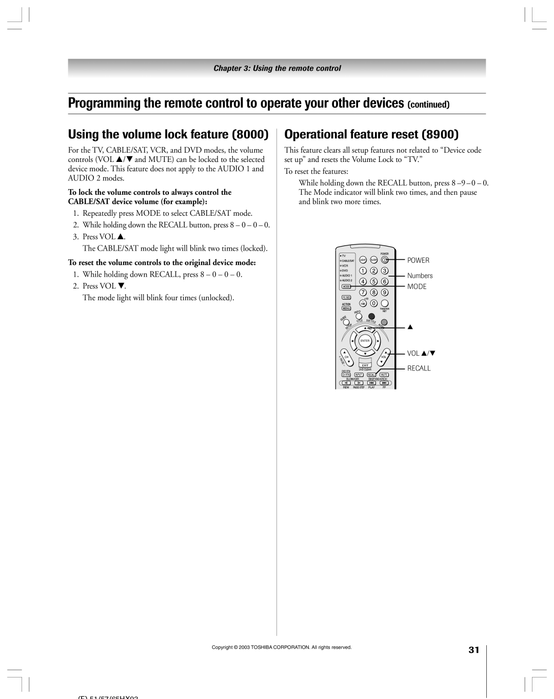 Toshiba 51HX93 owner manual Using the volume lock feature, Operational feature reset 