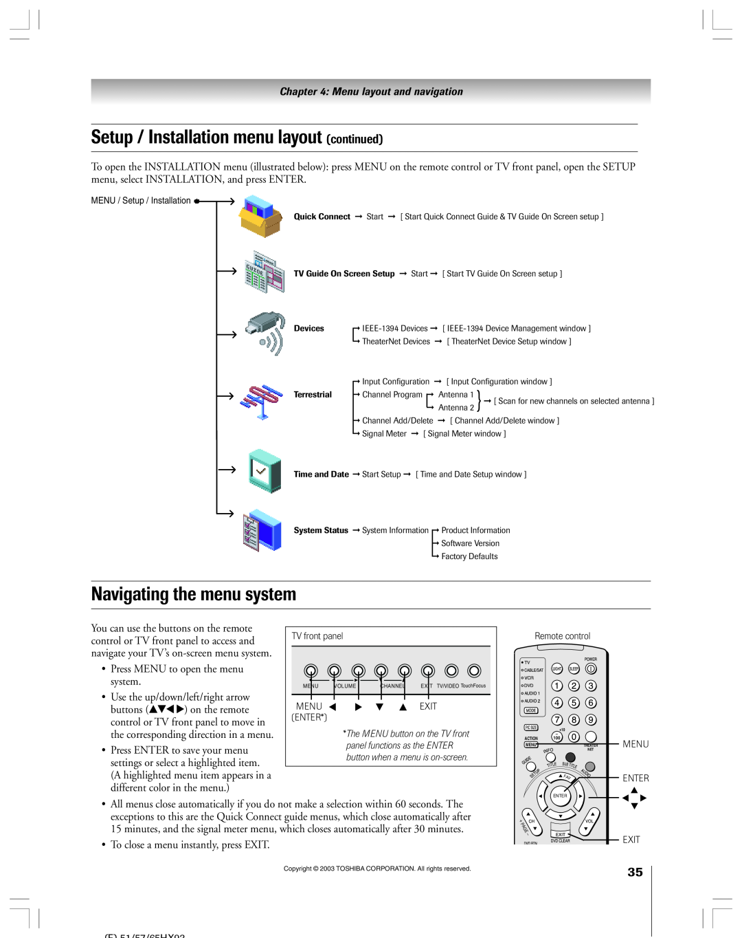 Toshiba 51HX93 Setup / Installation menu layout continued, Navigating the menu system, Press MENU to open the menu system 