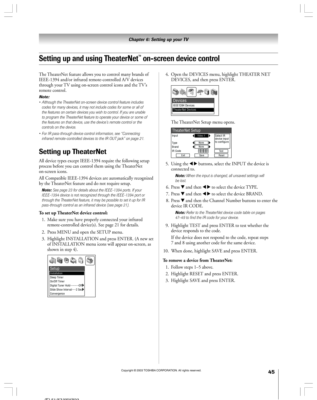 Toshiba 51HX93 owner manual Setting up and using TheaterNet on-screen device control, Setting up TheaterNet 