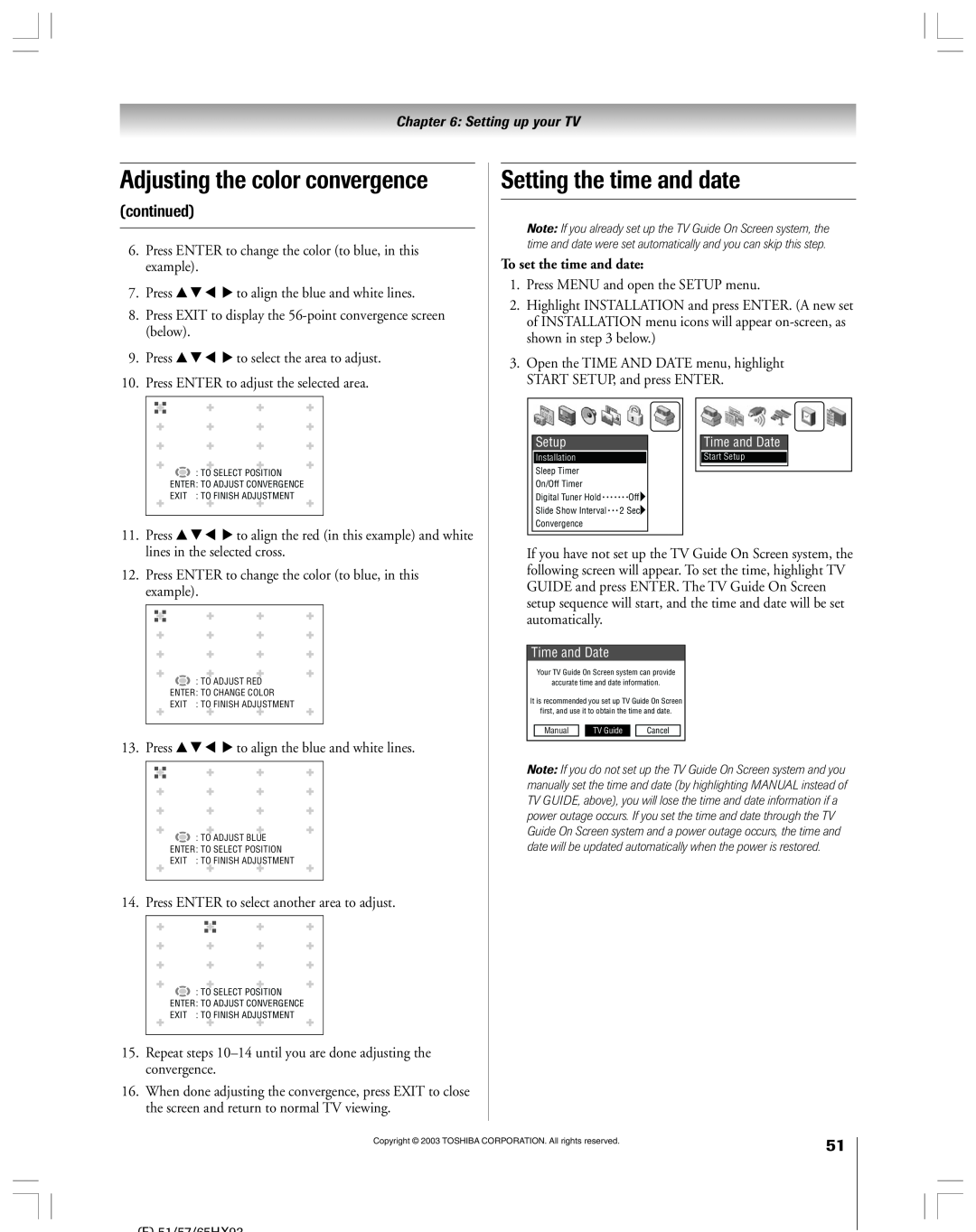 Toshiba 51HX93 owner manual Setting the time and date, Adjusting the color convergence, continued 