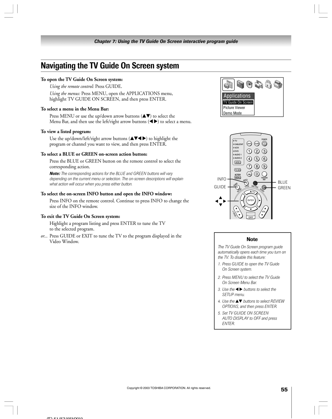Toshiba 51HX93 owner manual Navigating the TV Guide On Screen system, Applications, To open the TV Guide On Screen system 