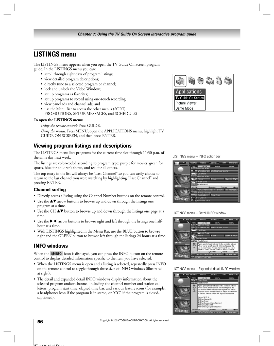 Toshiba 51HX93 LISTINGS menu, Viewing program listings and descriptions, INFO windows, Channel surfing, Applications 