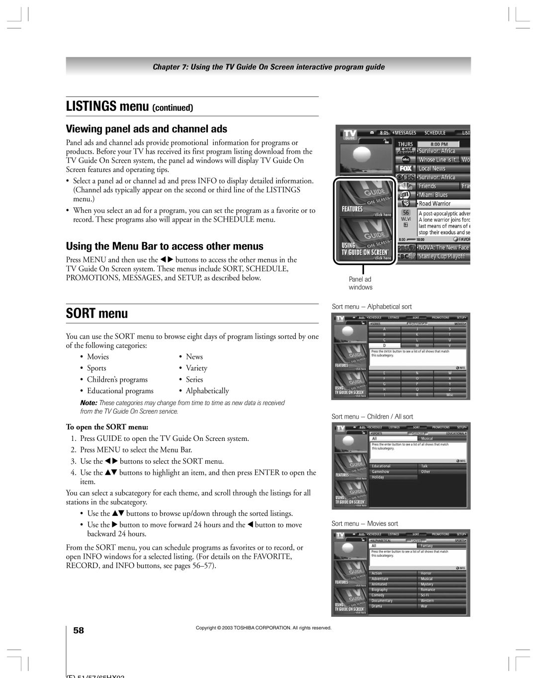 Toshiba 51HX93 owner manual SORT menu, Viewing panel ads and channel ads, Using the Menu Bar to access other menus 