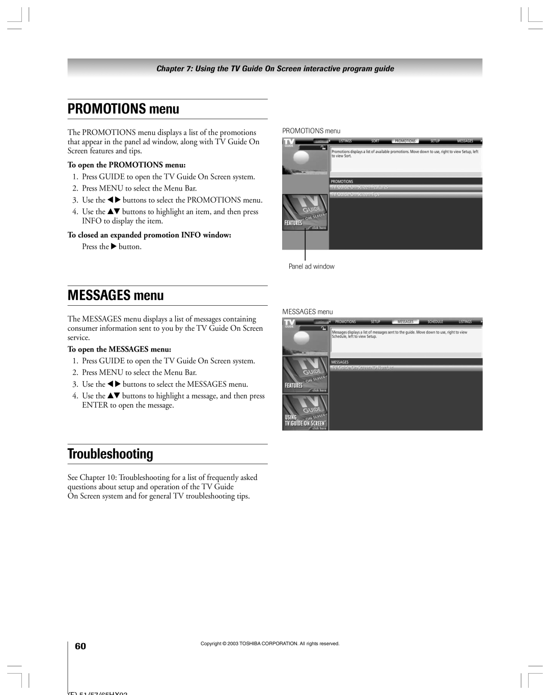 Toshiba 51HX93 owner manual Troubleshooting, To open the PROMOTIONS menu, To open the MESSAGES menu 