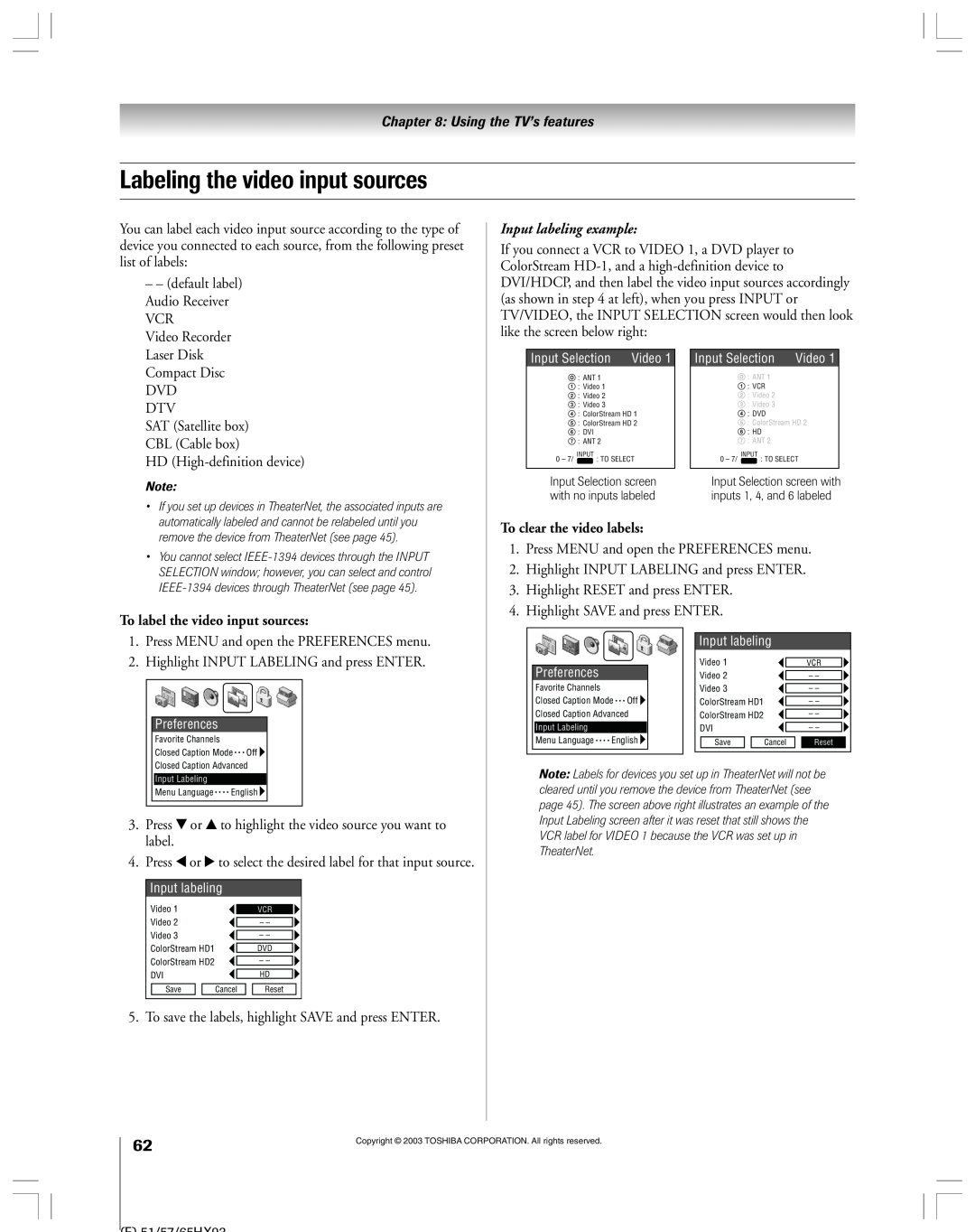 Toshiba 51HX93 owner manual Labeling the video input sources, To label the video input sources, To clear the video labels 