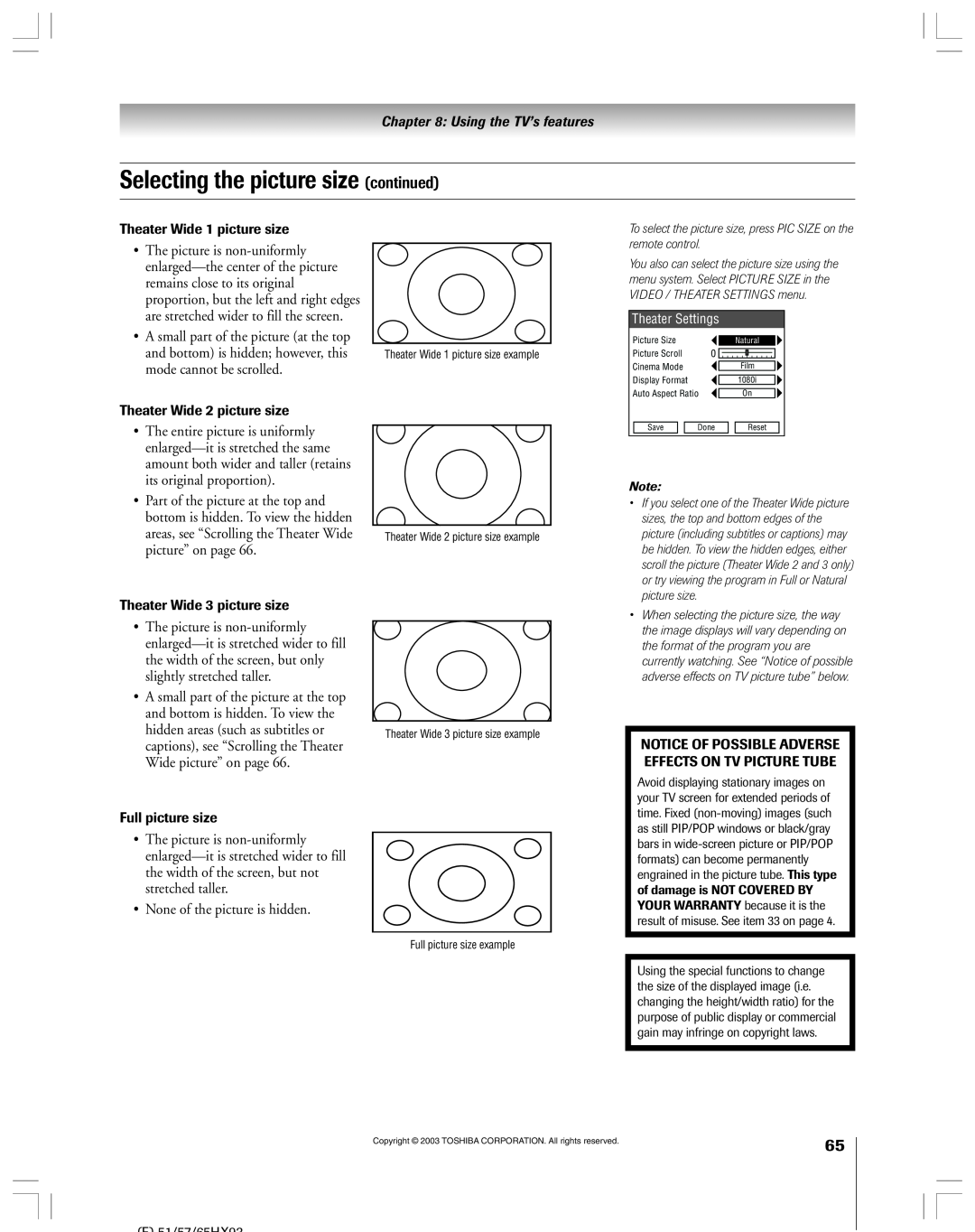 Toshiba 51HX93 owner manual Selecting the picture size continued 