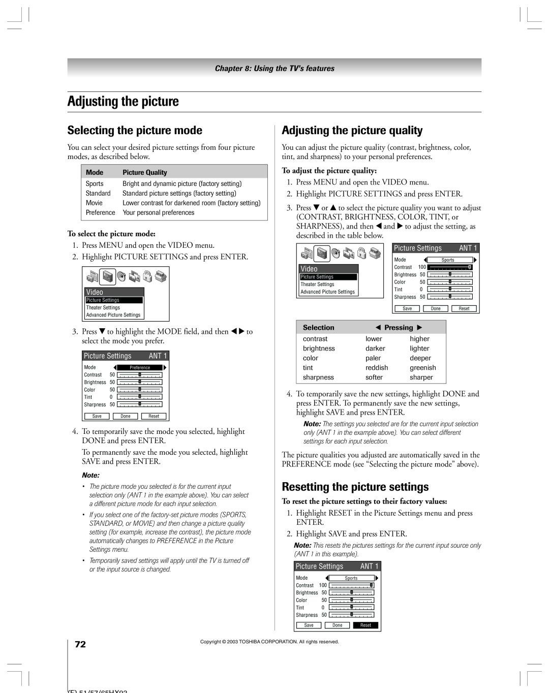Toshiba 51HX93 owner manual Selecting the picture mode, Adjusting the picture quality, Resetting the picture settings 
