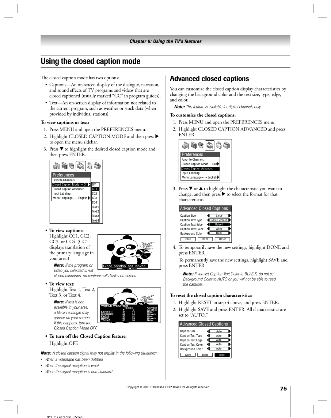 Toshiba 51HX93 owner manual Using the closed caption mode, Advanced closed captions, To view captions or text, To view text 