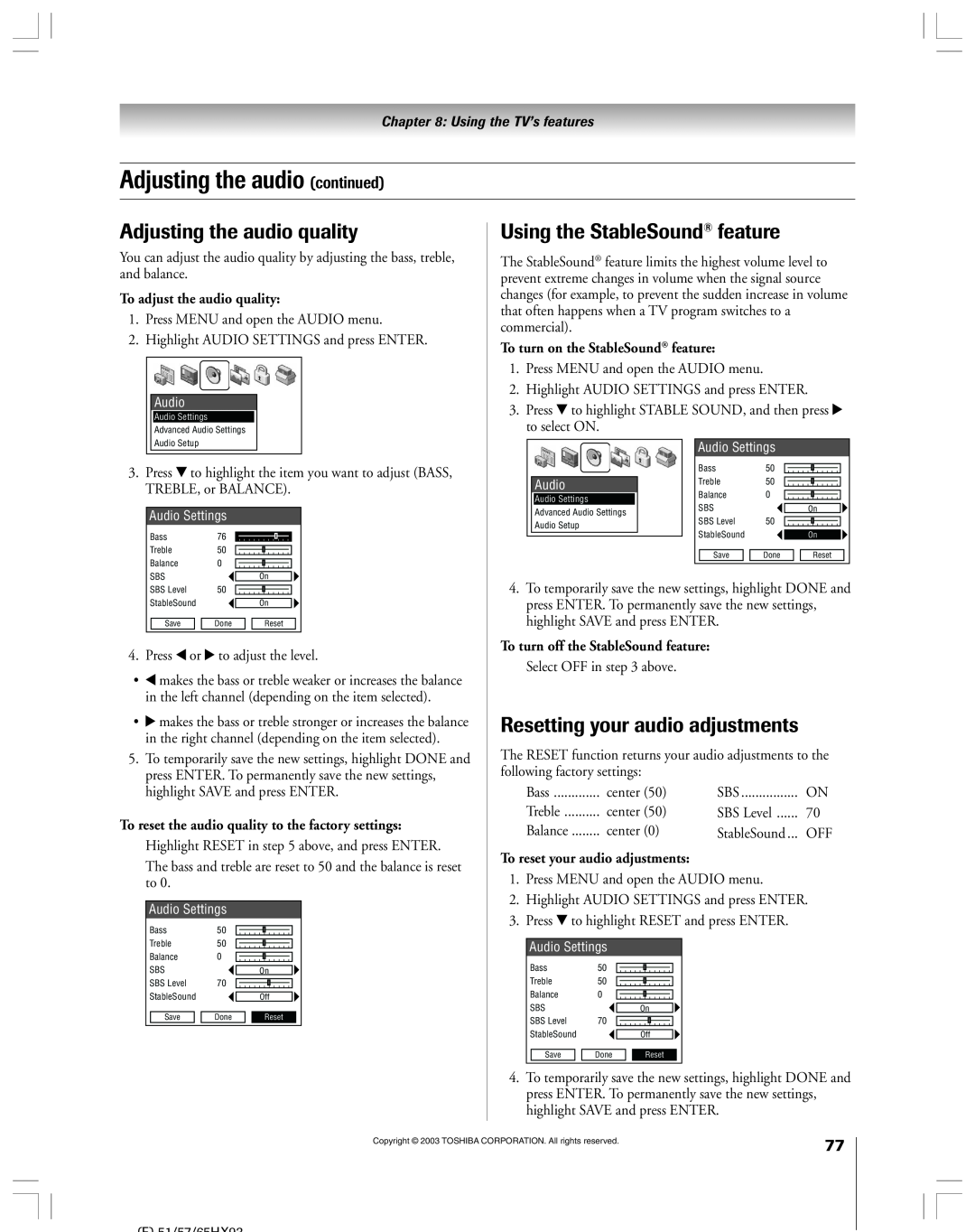 Toshiba 51HX93 owner manual Adjusting the audio continued, Adjusting the audio quality, Using the StableSound feature 