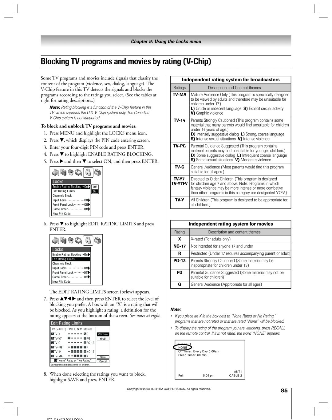 Toshiba 51HX93 Blocking TV programs and movies by rating V-Chip, To block and unblock TV programs and movies, Locks 