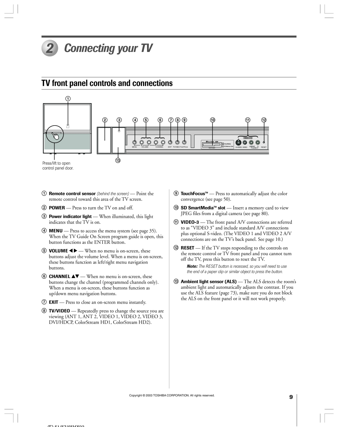 Toshiba 51HX93 owner manual Connecting your TV, TV front panel controls and connections 