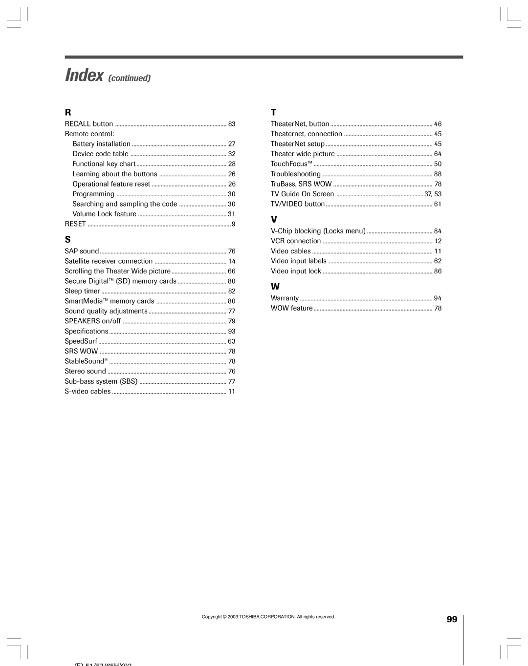 Toshiba 51HX93 owner manual Index continued 