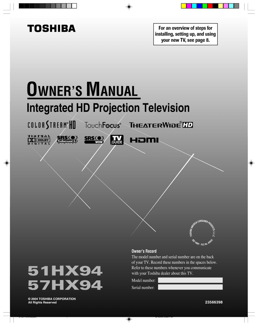 Toshiba owner manual 51HX94 57HX94 