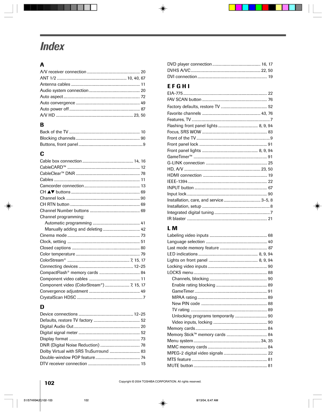 Toshiba 51HX94 owner manual Index, Channel programming, 12Ð25, 3Ð5 