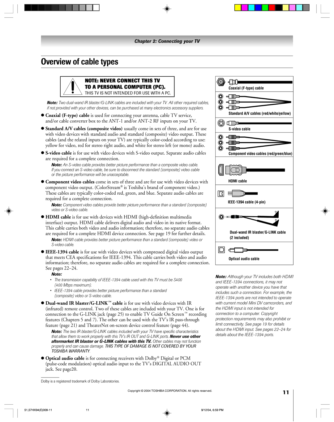 Toshiba 51HX94 owner manual Overview of cable types, To a Personal Computer PC 