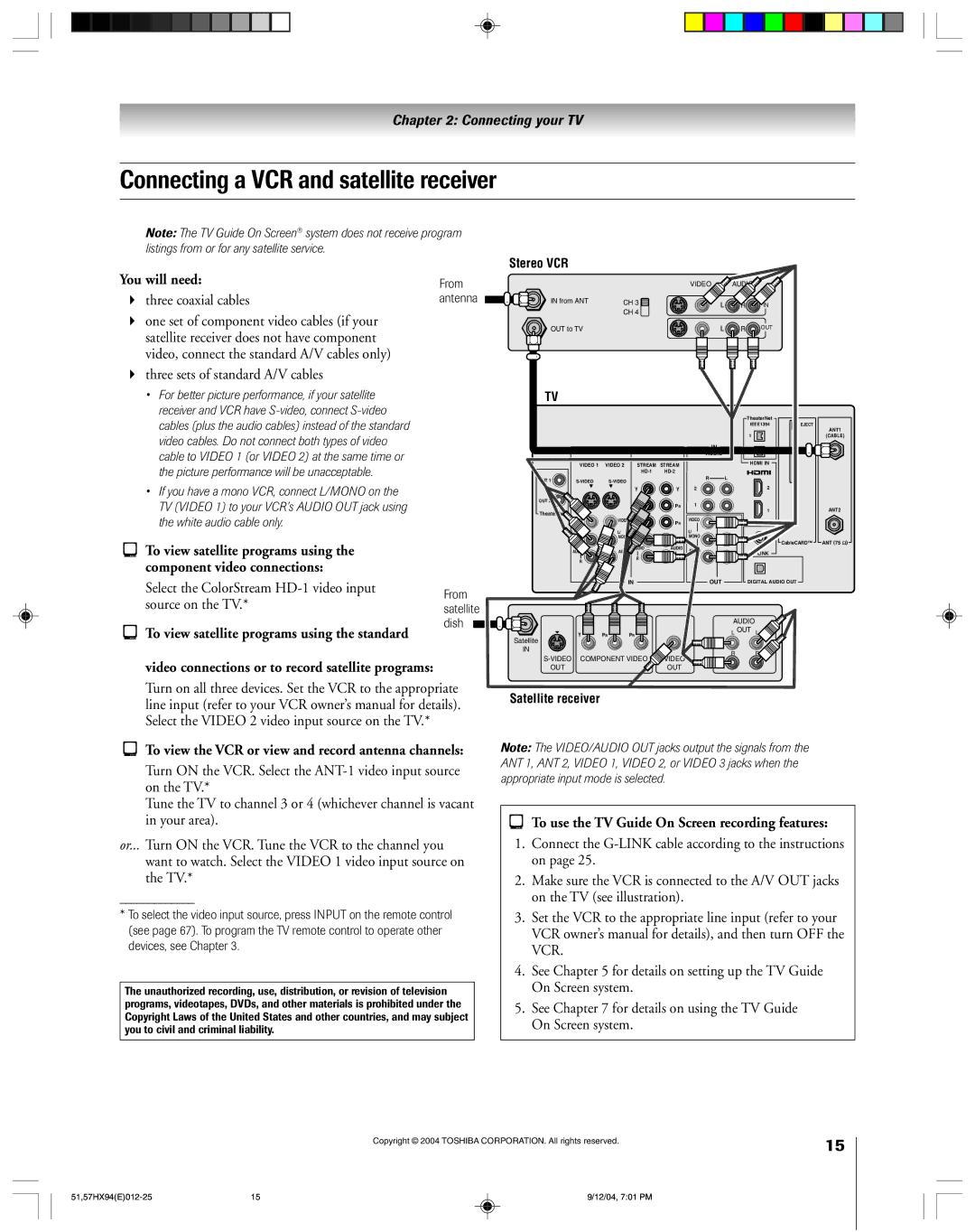 Toshiba 51HX94 owner manual Connecting a VCR and satellite receiver, To view satellite programs using the standard 