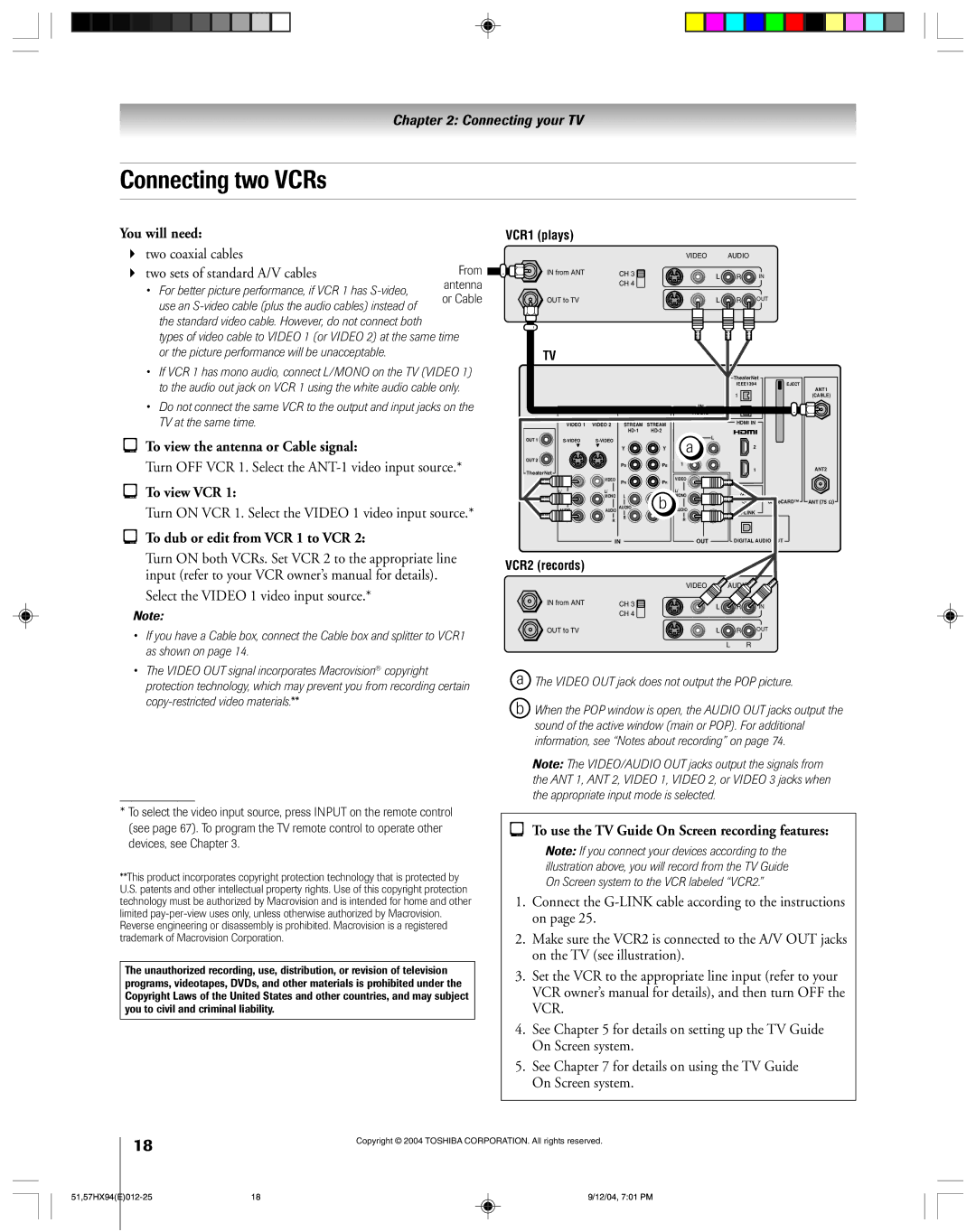 Toshiba 51HX94 owner manual Connecting two VCRs 