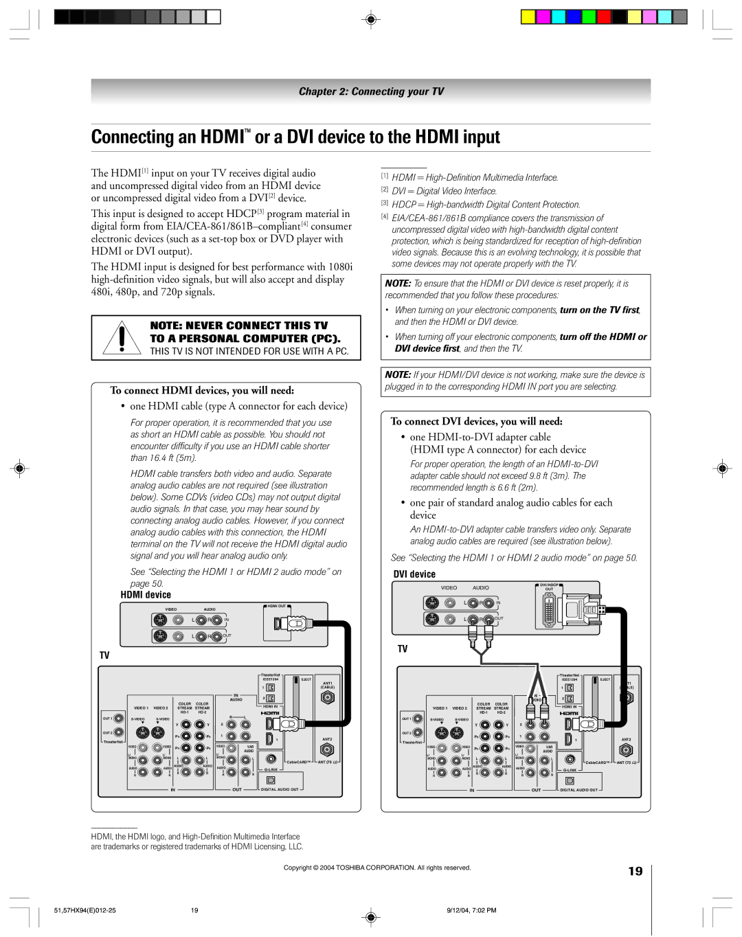 Toshiba 51HX94 owner manual Connecting an Hdmi or a DVI device to the Hdmi input, To connect Hdmi devices, you will need 